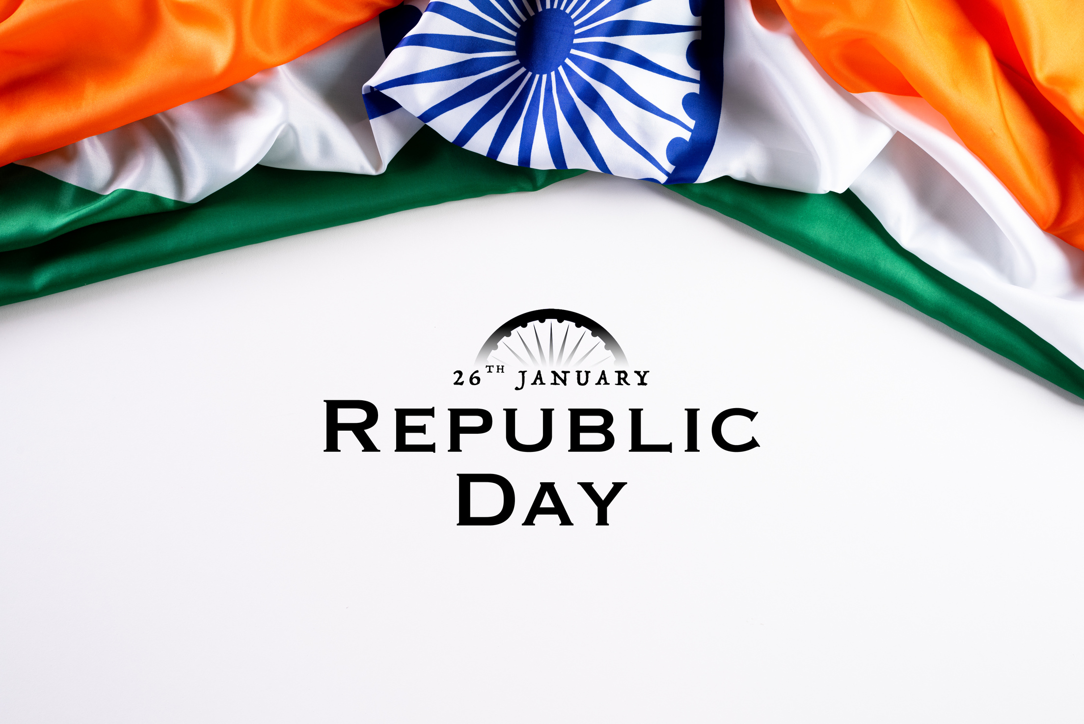 Indian republic day concept. Indian flag with the text Happy republic day against a white background. 26 January.